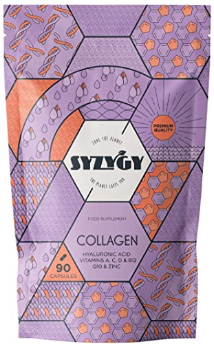 SYZYGY FOOD - Colágeno con Ácido Hialurónico, Coenzima Q10, Vitamina A, C, D, B12 y Zinc - 750mg - 90 Cápsulas para 90 Días - Energía, Articulaciones Fuertes - Colágeno Hidrolizado Fabricado en España