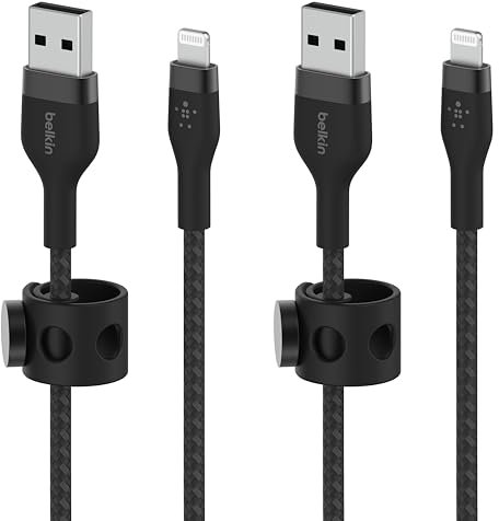 Belkin BoostCharge Pro Flex Braided USB Type A to Lightning Cable (2M/6.6FT), MFi Certified Charging Cable for iPhone 13, 12, 11, Pro, Max, Mini, SE, iPad and More, 2-Pack, Black