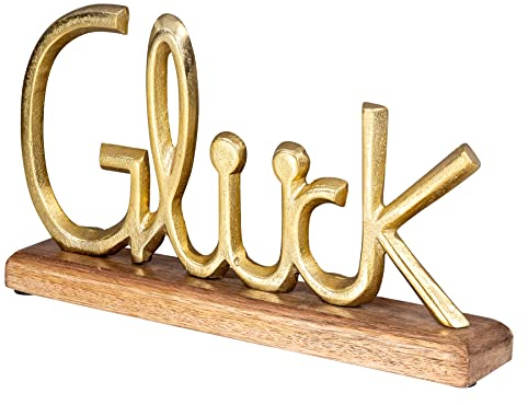 levandeo Schriftzug Glück L30cm Metall Gold Mango Holz Deko Aufsteller Tischdeko Wohndekoration Happy Geschenk