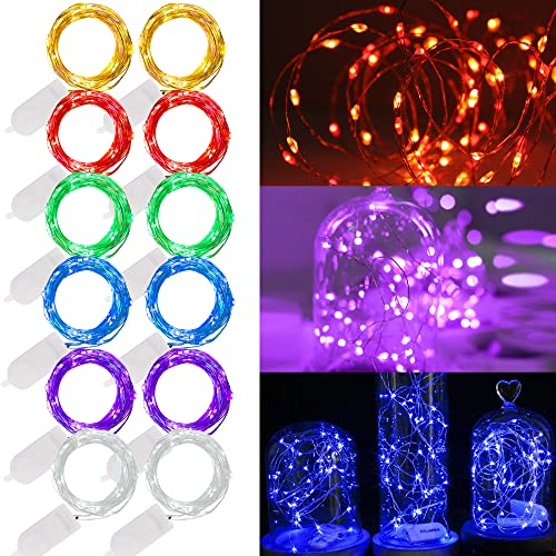 WATERGLIDE 12 Pack Fairy Lights Battery Operated (Included), 7 ft 20 LED Mini String Lights, Waterproof Silver Wire Firefly Starry Lights for DIY Wedding Christmas Party Mason Jars Decor, Multicolor