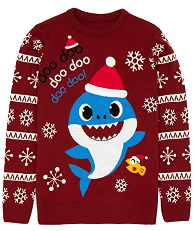 Baby Shark Daddy Christmas Jumper | Adults Mens Santa Hat Singing Animated Shark Doo Festive Red Knitted Sweater | Sing Dance Song Xmas Gifts
