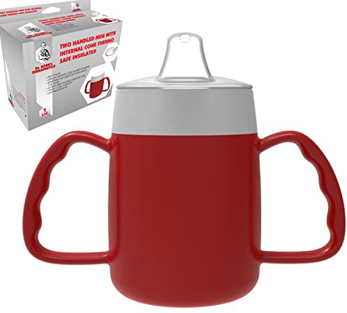 Dr. Bone's Therapeutics ® Becher mit zwei Henkeln mit innenliegendem Kegel blau mit Ausgießdeckel mit kleiner Öffnung Trinkhilfe 140 ml (rot)