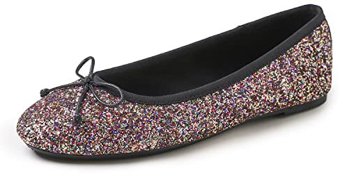 Feversole Women's Sparkle Memory Foam Cushioned Colorful Shiny Ballet Flats Pumps Glitter Around Multi Black Size 5.5