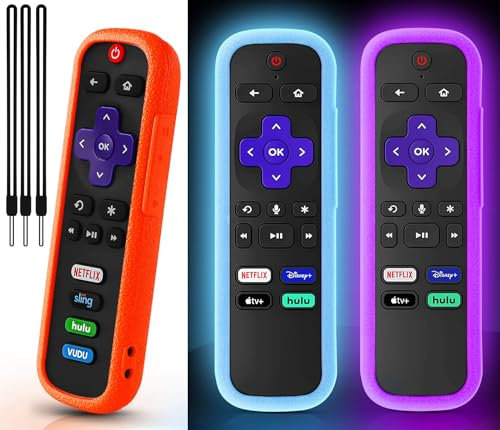Schutzhülle für Roku-Fernbedienung, Fernbedienung für Roku Voice Remote/Hisense/TCL Roku TV Steaming Stick, Silikon-Universal-Schutzhülle für Roku TV-Fernbedienung, leuchtet lila, blau, mit