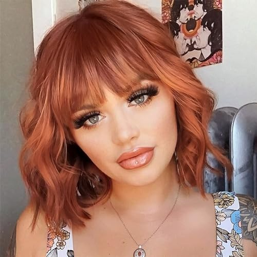 PORSMEER Kurze Bob Perücke Kupfer Orange mit Pony für Frauen Natürliches Perücke Damen Synthetisches Haar Bunt Täglich Party Halloween Cosplay Gewellte Lockige Perücken,Auburn wig
