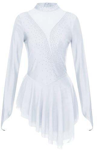 iEFiEL Damen Tanzkleid Patchwork Eiskunstlauf Kleid Langarm Kürkleid mit Strass Rollkunstlauf Wettbewerb Tanzanzug Weiß M