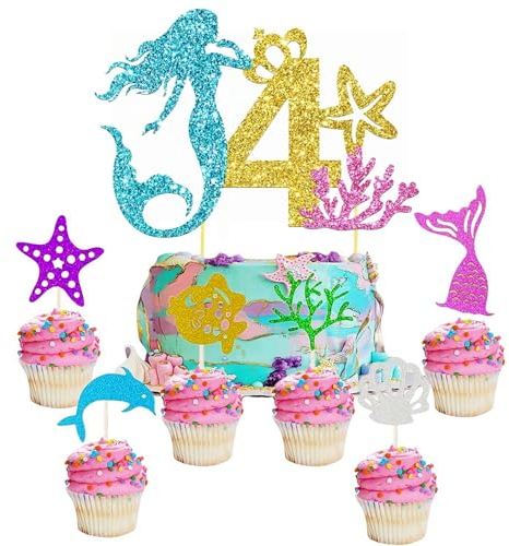i-QiQi Mermaid Pearl Cake Topper Number 4, Happy 4th Birthday Cake Cupcake Toppers for Girls Boys Baby Shower 4th Birthday Mermaid Theme Party Decorations