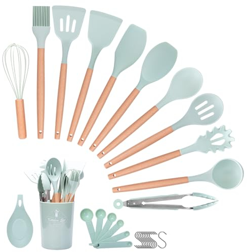 Helterfolg Utensilios Cocina de Silicona, 29 piezas juego de utensilios de cocina de silicona de con soporte para utensilios, mango de madera antiadherente resistente al calor (Verde Claro)