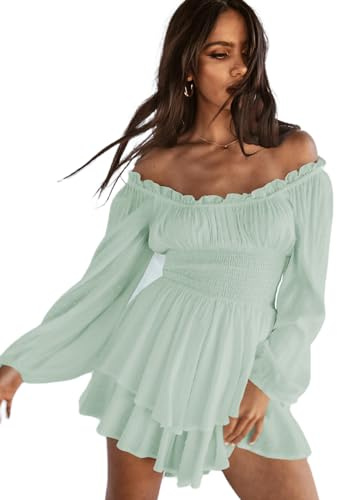 Springcmy Women Puff Sleeve Square Neck Romper Dress Off Shoulder Ruffle Shorts Smocked Layered Flowy A Line MiniBeach Swing Dress Sundress (B-Green, L)