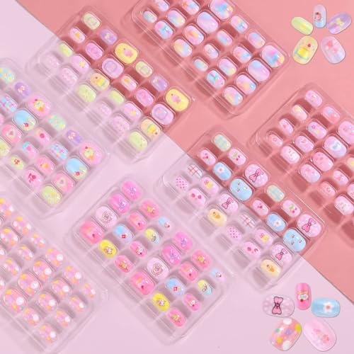 Shynek Kids Press Nails for Girls, 168Pcs Children Fake Nails Pre Glue Nail Stickers Full Cover Short False Nails Set for Girls Gift Nail Art Decoration