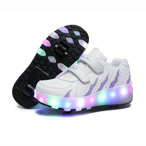 Scarpe Ragazza da Ragazzo con Ruote, 2 in 1 per Bambini, con rotelle, per Skateboard, Sneakers, Bianco Viola, 39 EU