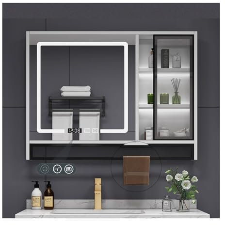 QWEASDF Armoire de Toilette avec Anti-buée, Armoire de Toilette LED avec Miroir de Salle de Bain, Porte-Serviette, Miroir de Maquillage avec Toucher, Anti-buée(White,W80*H75cm/W31.4*H29.5in)