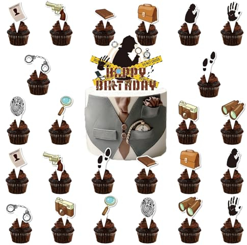 25 Stück Detective Kuchen Dekorationen, Detective Cake Toppers, Detective Happy Birthday Tortendeko, Cupcake Topper Geburtstag, Detective Thema Party Dekoration Geburtstagsparty Zubehör