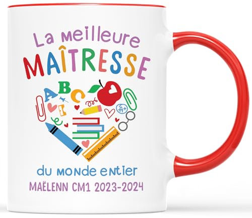 𝗖𝗔𝗗𝗘𝗔𝗨 𝗣𝗟𝗨𝗦 Mug Personnalisé Prénom - Meilleure Maîtresse du Monde - Cadeau Personnalisé Maitresse, Cadeau Maitresse Fin D'année, Mug Personnalisé Merci Maitresse