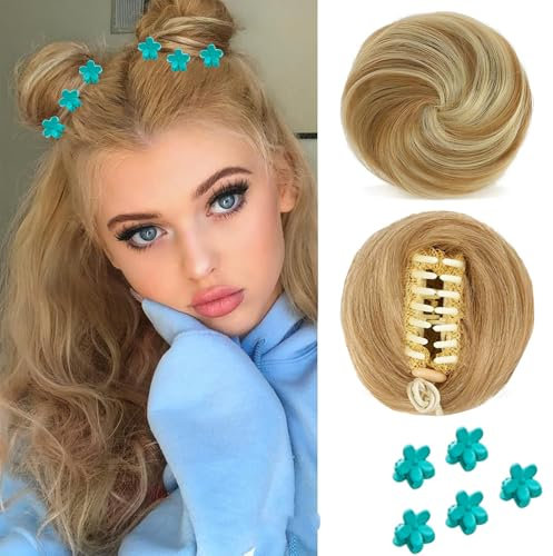QKEPCY 2PCS Krallen Clip in Haar Bun für Damen Mädchen Mini Messy Bun Haarteile Dutt mit Klammer Gelockt Haargummi Gepaart mit 5PCS Floralen Haarspangen
