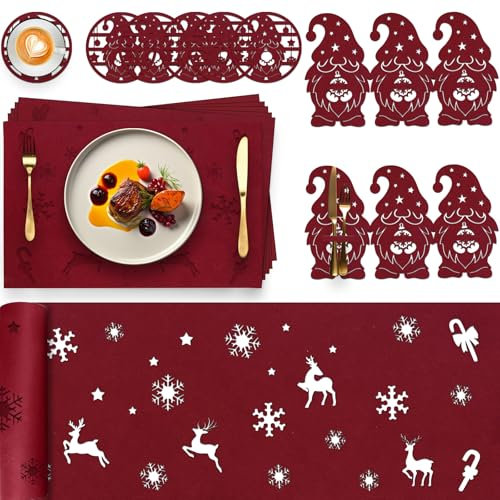 Kazaigou 19 Stück Platzset Weihnachten Weihnachts Tischset Weihnachtsdeko 2024 Tisch, Tischsets Weihnachten Tischdeko Filz Weihnachten Tisch Tischläufer Untersetzer Bestecktasche für Weihnachten