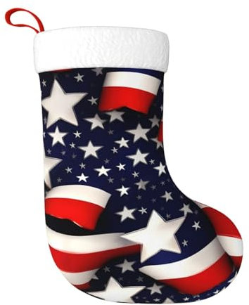 HTTUP Calcetín de Navidad esencial con estampado de estrellas y rayas de bandera estadounidense, tamaño generoso, decoración de fiesta de Navidad, calcetines para adultos