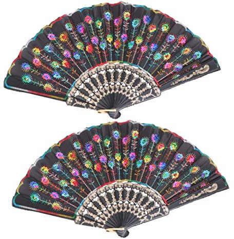 HAWILLOSCH 2pcs Hand Held Fans Folding Sequined Dance Fan for Craft Decor Dance and Photography
