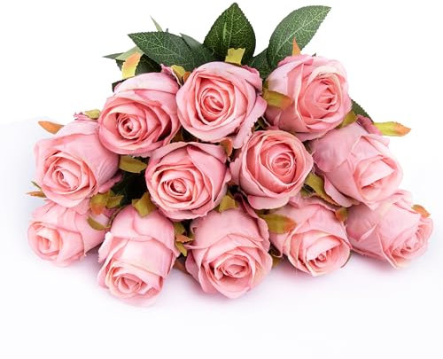 Foshird 12 Stück Künstliche Rosen Rosa Kunstblumen Wie Echt Seidenblumen Blumenstrauß Künstliche Blumen Deko Fake Flowers für Brautsträuß Hochzeits Tischdeko Garten Girlanden Geschenk Valentinstag