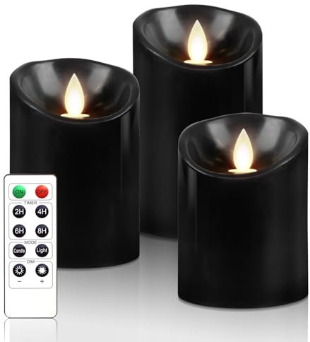 PinnWaa LED Kerzen [3 Stück] Flammenlose Kerzenhalter, 10-Tasten Fernbedienung Timer Dekorations, Flammenlose Kerzen mit Realistisch Flackernde LED Stabkerzen Batteriekerzen - Schwarz
