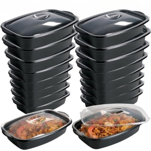 EURO DECO Barquette en Plastique, Contenants de Meal Réutilisables 1000 ml – Lot de 20 boite,Plastique Noir,Couvercles Hermétiques Anti-Fuite – Compatibles Micro-ondes et Lave-Vaisselle, Idéales pour