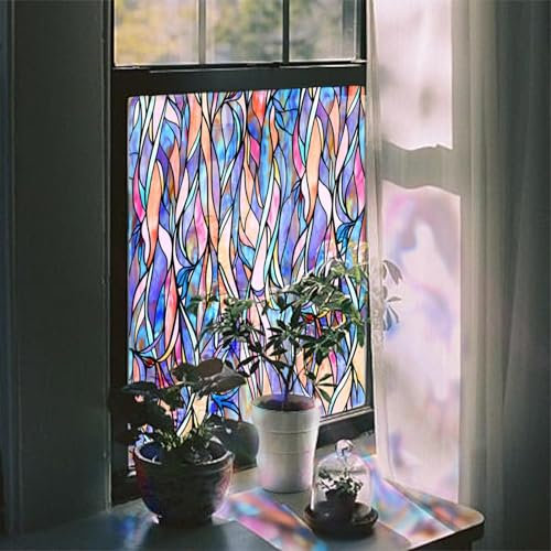 ChicSkin 40x200CM Folie für Fenster, Fensterfolie bunt monets Garten im Winter mit blauen Blättern, Statische fensterfolie Wohnzimmer, Schlafzimmer, Küche Büro buntglas fensterfolie Fensterdekoration