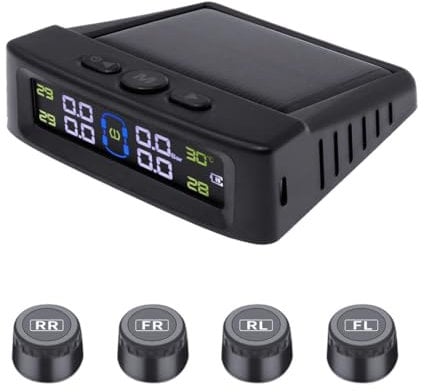 Avutrel Tyre Pressure Monitoring System TPMS Solar Wireless USB Charging Tyre Pressure Monitor, Digital Display with 4 External Sensors 4 Alarm Modes, Real Time Pressure Display for Cars, SUVS
