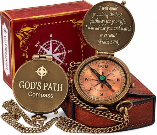 PSALM God's Path Kompass – Gravierter handgefertigter antiker Kompass mit Schrift – religiös, christlich, katholisch, Taufe, Erstkommunion, Konfirmation Geschenke für Teenager-Männer (Lederbox)