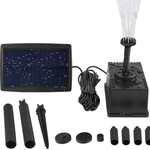 Zilimontt Bomba de fuente solar, bomba de agua de 1,5 W, 7 V, kit de panel solar, bombas sumergibles con 7 boquillas para estanque, fuente, baño de pájaros, jardín, flujo máximo de 180 l/h