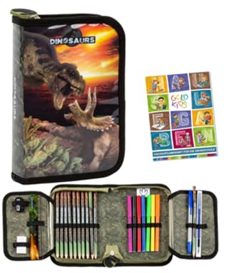 Goldkids - Federmäppchen 1 Fächer - Mäppchen für Mädchen und Jungen - Federmappe 1-Fach Federtasche Gefüllte Schüleretui - Schulmäppchen und Hausaufgabenheft - Dinosaurier Motiv