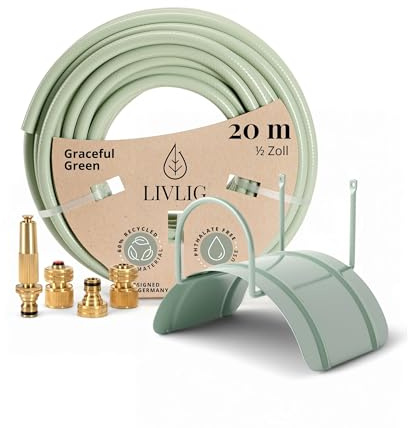 LIVLIG Gartenschlauch 20 m Set Grün, Premium Wasserschlauch 1/2 Zoll | Bewässerungsset mit Messing-Gartenspritze, Hahnanschluss G3/4, Wasserstopp, Schnellkupplung 1/2 Zoll & Wandschlauchhalter