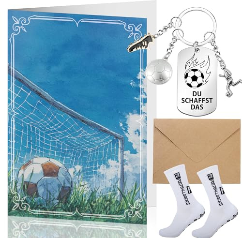 LSISIIUYSL Fussball Geschenke Jungen SchlüSselanhäNger Karte - Personalisiert FußBall Karte SchlüSselanhäNger AnhäNger Und Socken FüR Jungs FußBallfans Geburtstag Schulanfang Weihnachten