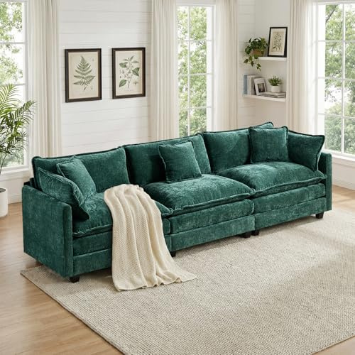 SoarFlash Modulares Sofa mit Doppelpolsterung, Grün, 3-Sitzer | Chenille Stoff mit Kissen & Armlehnen. Niedrige Sitzfläche, flache Füßen. Ideal für Wohnzimmer, Schlafzimmer & Wohnungen.
