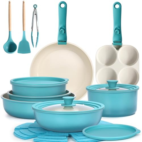 GIPP 21PCS Pots and Pans Set Non Stick,Nonstick Cookware Set Detachable Handle,Pots for Cooking Non Stick with Removable Handle,RV Cookware Set,PFAS PFOA Free(Blue Gradient,21PCS)