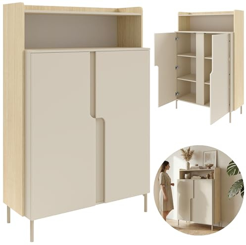 Beautysofa24 POSITIVO Highboard 103,2x160x42 cm, Kommode 2-türig mit offenen Fächern, Schrank mit Tip-ON-System (Push-to-Open), Wohnzimmerschrank, Mavelie Eiche