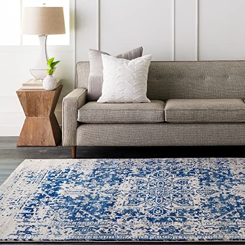 Livabliss Syracusa Vintage Teppich groß - Teppich Wohnzimmer 160x220 cm, Esszimmer, Schlafzimmer - Orientalischer Teppich Boho Style - Carpet Living Room, Bunter Muster, Blau, Beige
