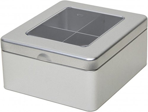 Buzz Plain Silver Tea Caddy/Kitchen Storage Tin/Container - Partitioned Tin - 4 compartment - 15.5 x 13.5 x 7cm