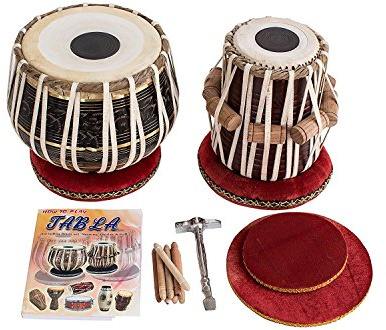 Indisches Maharaja Tabla-Trommel-Set, 3 kg, schwarzes Messing, Bayan, feinster Dayan mit Buch, Hammer, Kissen und Bezug
