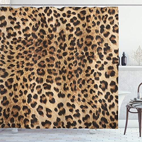 ABAKUHAUS Leopard-Druck Duschvorhang, Wildtierhaut, Stoffliches Gewebe Badezimmerdekorationsset mit Haken, 175 x 180 cm, Schwarz Braun