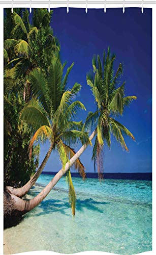 ABAKUHAUS Urlaub Schmaler Duschvorhang, Malediven Bay Resort, Badezimmer Deko Set aus Stoff mit Haken, 120 x 180 cm, Türkis Marineblau