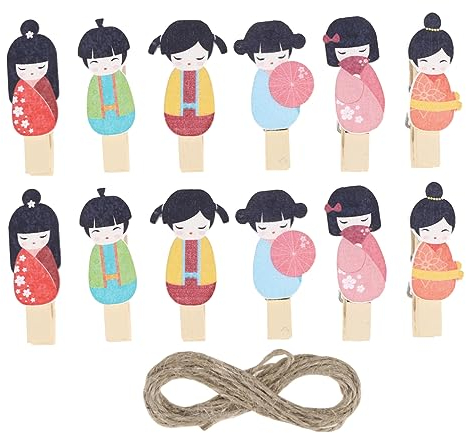 12 Pièces Mini Pinces à Linge Poupées Kokeshi Japonaises Mini-Clip Photo Pinces à Suspendre Pince à Photo De Noël Photos Organisateur Clips Chevilles d'image Bambou Corde en Bois