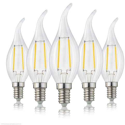 hellum LED Kerzenlampe E14 Windstoß 5er warmweiß 2,2W ersetzt 25 Watt klar | Kerzen-Windstoß Glühbirne 250 Lumen 2700 K, E14 Vintage Leuchtmittel, LED Lampe Kerzenform, LED Filament innen & außen 207309
