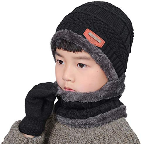 Gisdanchz Kids Warm Knitted Hat Scarf and Gloves 3-in-1 Set - Stretch Fit, Lined with Fuzzy Fleece Fluff