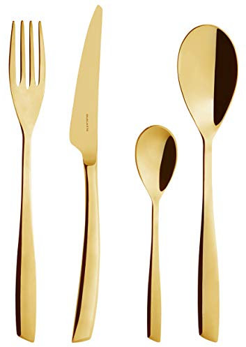 BUGATTI, Riviera, Set Posate 4 Pezzi in Acciaio Inox 18/10, Rivestimento PVD Colore Gold, Set per 1 Persona Composto da 1 Cucchiaio, 1 Forchetta, 1 Coltello e 1 Cucchiaino caffè