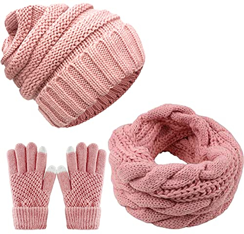 CheChury Winter Schal Strickmütze Kombiset Strickset Beanie Handschuhe Damen Schal Mütze Handschuhe Set Gestrickt Geschenkset Touchscreen-Handschuhe,Rose,Onesize