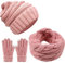 CheChury Winter Schal Strickmütze Kombiset Strickset Beanie Handschuhe Damen Schal Mütze Handschuhe Set Gestrickt Geschenkset Touchscreen-Handschuhe,Rose,Onesize