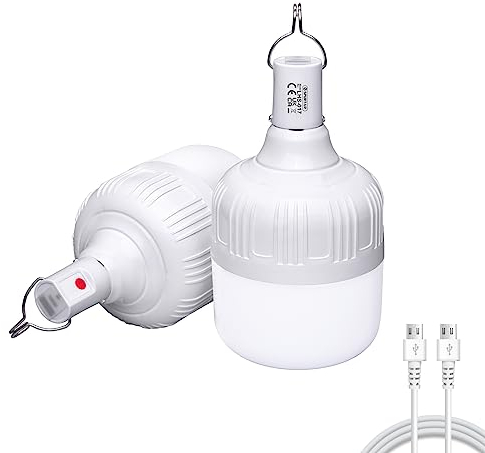 Spurtar 2 Piezas LED Lampara Recargable 5000 Lumens, 5 Modos USB Bombilla Recargable, 60W Luz Camping, Farolas Exterior Jardin, Luces de Emergencia, Camping Accesorios para Terraza, Jardín, Barbacoa