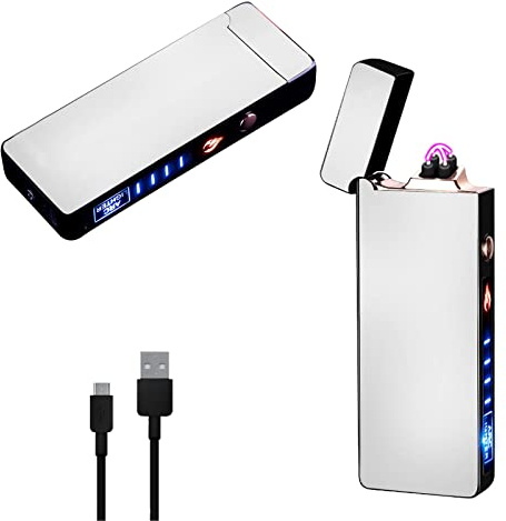 RSBYE SturmFeuerzeug Elektrisch Feuerzeug Personalisiert Coole Feuerzeuge USB Plasma Feuerzeuge Mit Batterieanzeige, Winddicht (Silber)