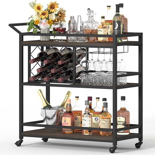 FATORRI Barwagen für Zuhause mit Weinregal und Gläserhalter, Kleiner Home Bar Servierwagen auf Rollen für Likör und Alkohol (Walnussbraun)