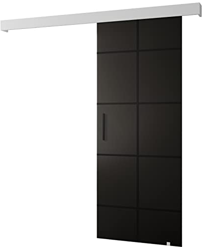 KRYSPOL Schiebetürsystem Salwador 3 Komplett-Set für Schiebetüren, Trennwände Innentüren, Modern Design (schwarz matt/Gitter: weiß matt/Griff und Streife: schwarz)